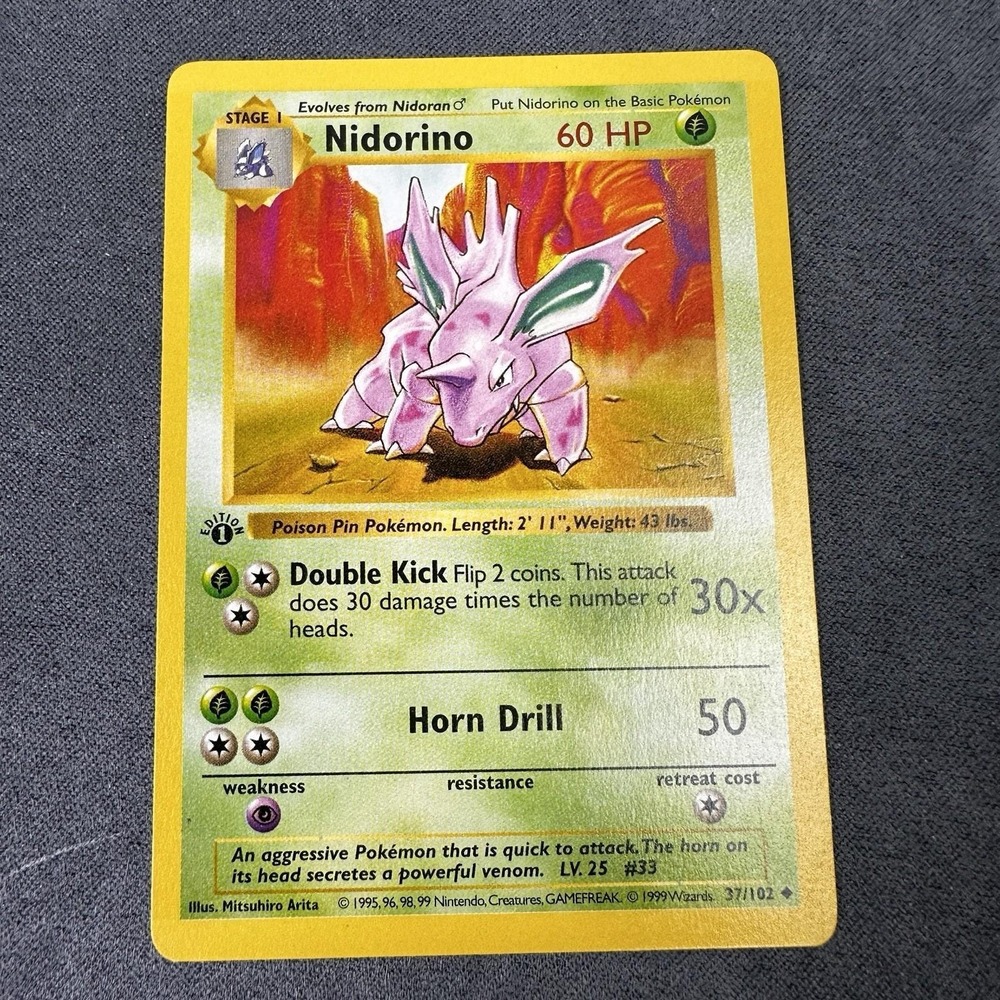 Nidorino 37/102 1st Edition Shadowless Base Set Pokemon Card 1999 WOTC LP